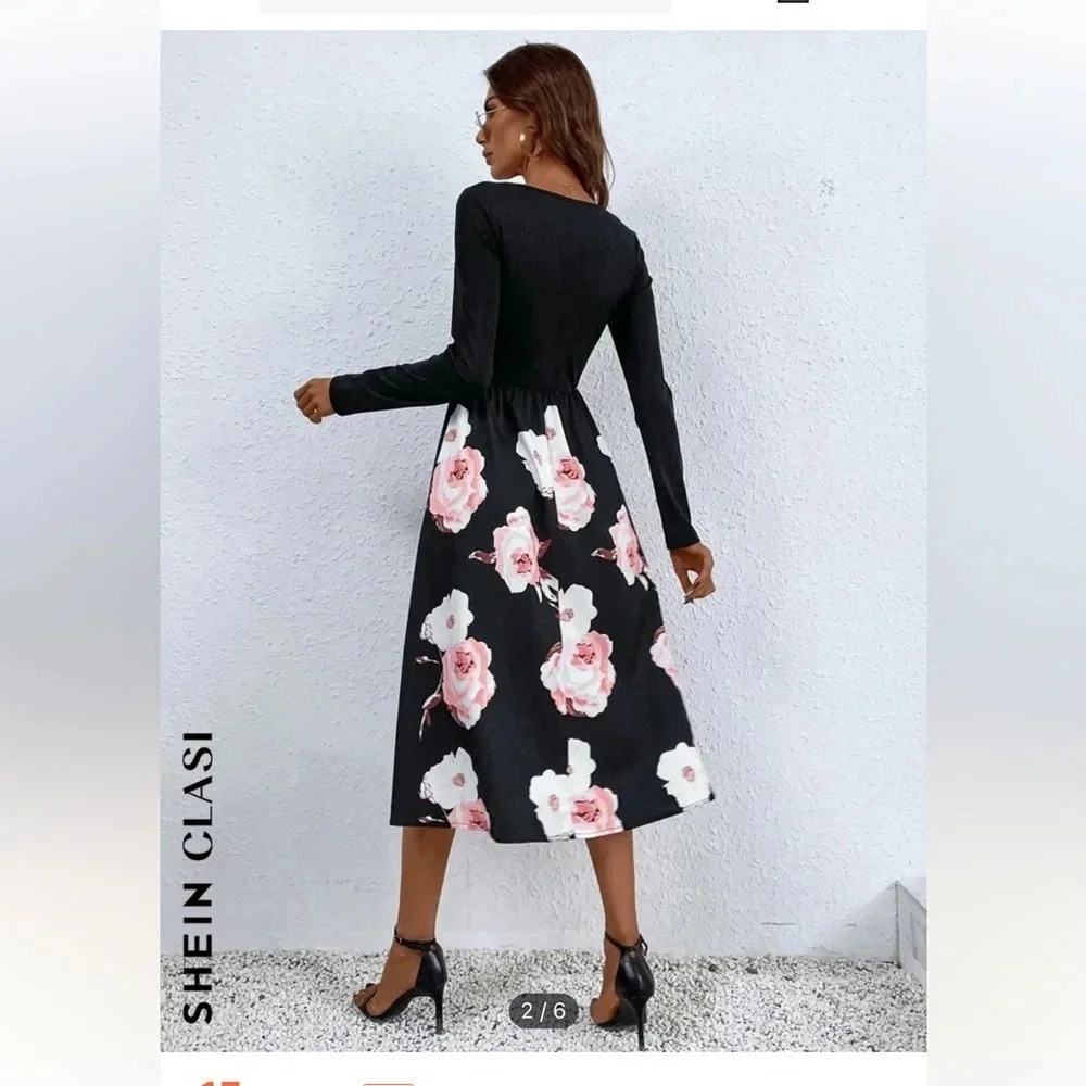 Women’s SHEIN floral long sleeved dress with midi length skirt size L - Picture 2 of 5